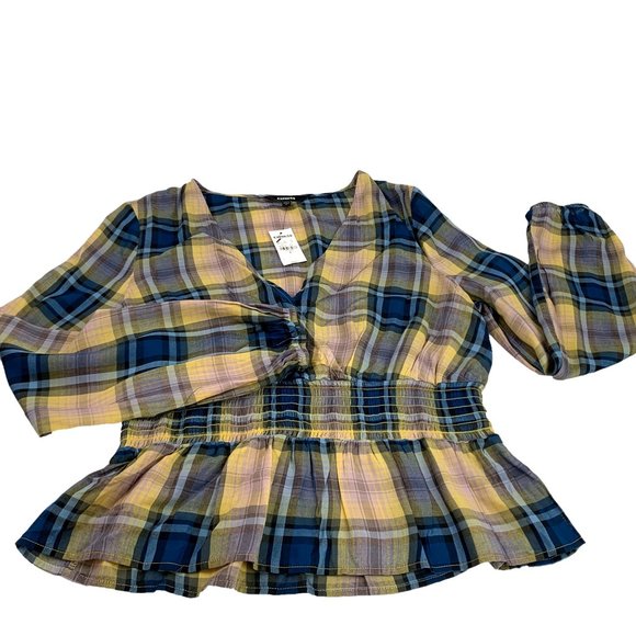 EXPRESS Blue Yellow Plaid V Cut Rayon Long Sleeve Top - Picture 4 of 6